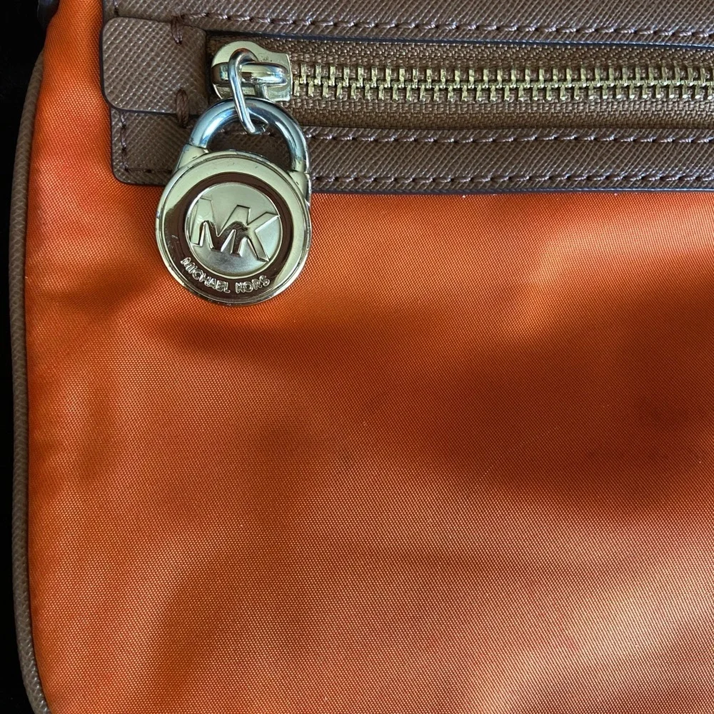 Michael Kors Kempton Orange Nylon British Tan Leather Pocket Crossbody Bag - Picture 4 of 14
